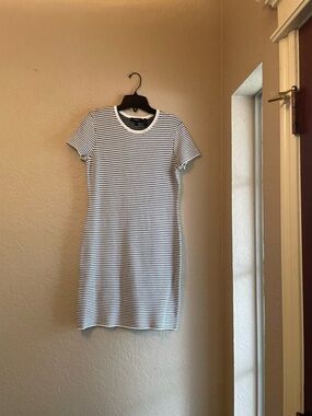 Theory Black and White Striped Short-Sleeve Knit Mini Dress
